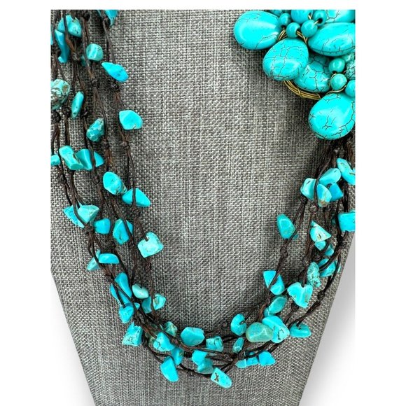 Turquoise Chip Dyed Howlite Blossom Flower Necklace Leather Cord 22” - Picture 3 of 11